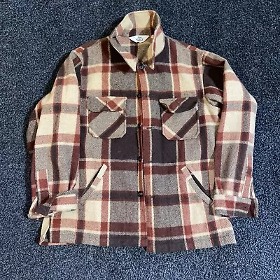 Vtg 60 70s Woolrich Plaid Wool Flannel Shacket Jacket Mens Size XL Brown Red Tan • $30