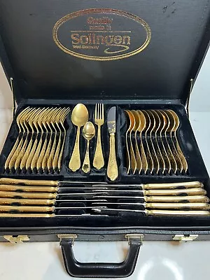 QUALITY SOLINGEN ROSTFREI GOLD PLATED CUTLERY CANTEEN 72pcs 11 PLACE SETTINGS • £19.99