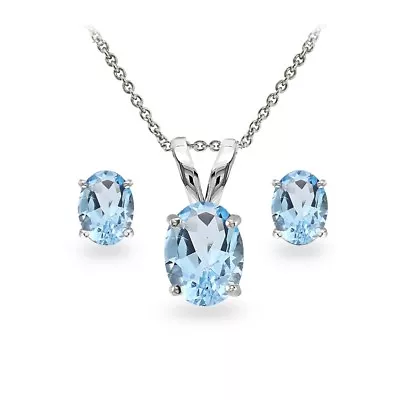 Sterling Silver Blue Topaz Oval-cut Solitaire Necklace And Stud Earrings Set • $24.99