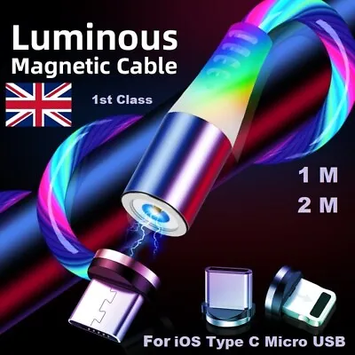 LED Flowing Light Up Magnetic Fast Charging USB Cable For IPhone Android Type-C • £4.99