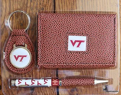 Virginia Tech Football  NCCA Brown Tri-Fold Wallet Keyring Pen Gift Set • $19.99