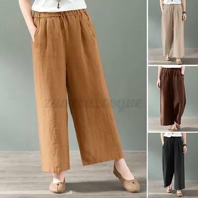 100%Cotton Women's Wide Leg Chino Trousers Casual Elastic Waist Yoga Long Pants • $26.11