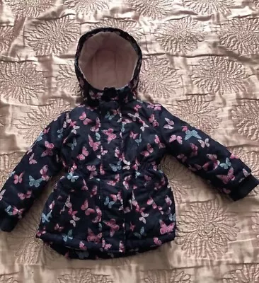 Baby Girls Coat 9-12 Months Hooded Navy With Butterflies By Young Dimension • £4.50