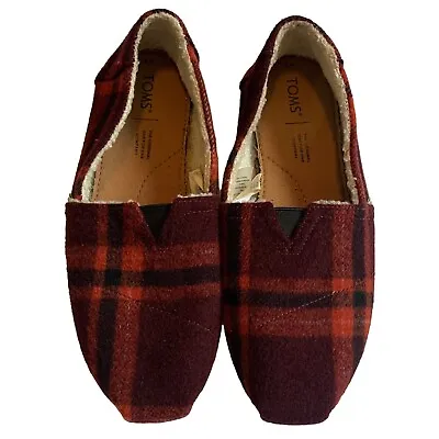 $18.50 • Buy TOMS Belmont Plaid Faux Wool Shearling Red Black Womens Shoes Sz 8 Slip On Flats