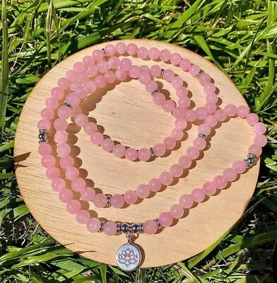 Rose Quartz 108 Mala Bead Prayer Rosary Healing Chakra Reiki Meditation Bracelet • $14.98