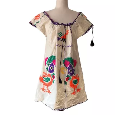 Vintage 70s Mexican Embroidered Dress Square Neck Short Toucan Pattern Cream M/L • $75