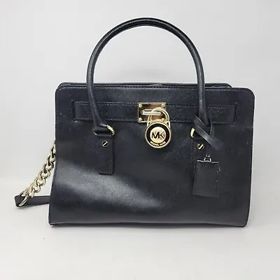 Michael Kors Hamilton Satchel Bag Black With Gold Chain Lock And Key  • $47.96