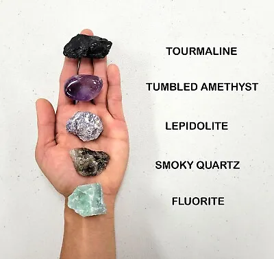 Crystal Set For Empaths Tourmaline Amethyst Lepidolite Smoky Quartz Fluorite • $12.95