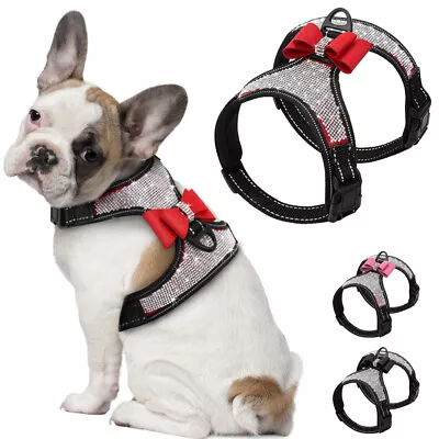 £10.79 • Buy Bling Rhinestone Dog Harness With Cute Bow Tie Reflective Soft Mesh Walking Vest