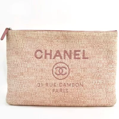 CHANEL A80117 Deauville Tweed Clutch Bag Pink X White Authentic Women Used • $1433.01