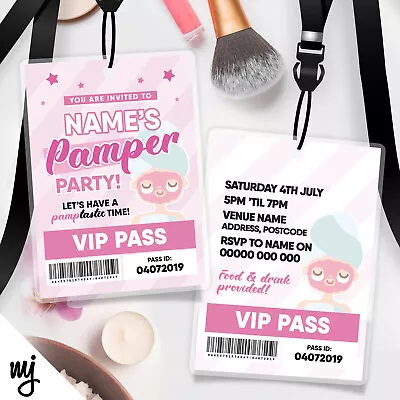 Personalised Pamper Party Style Vip Passes Lanyards Party Invitations Girls Pink • £61.99