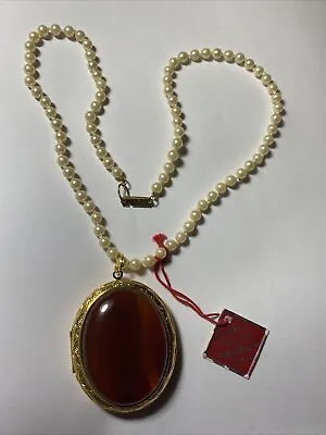 £58.34 • Buy Locket Necklace HOBE Red Chrysoprase 50ct Big Stash Majorca Pearl Vintage Unused
