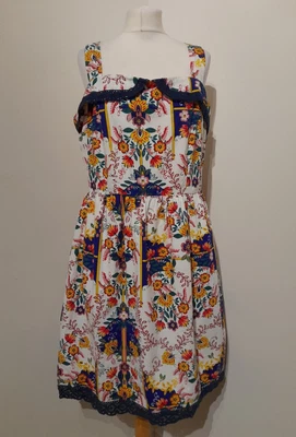 £18.50 • Buy Yumi Retro 50s 60s Style Swing Dress White & Blue Yellow Pink Floral Print UK 16