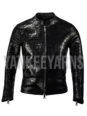 Men's Genuine Leather Crocodile Print Motorcycle Biker Jacket  Black Coat • $114.99