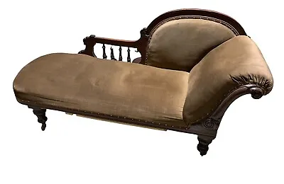 Vintage Antique Brown Wood Ornate Carved Frame Chaise Longue Sofa Brown Fabric • £189.05