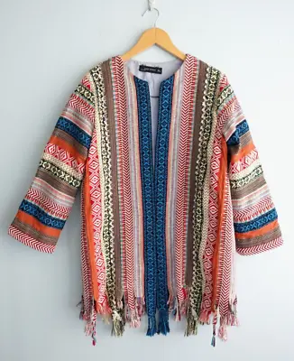 Zara Womens Coat Size L Multicoloured Embroidered Fringe Boho Hippie Festival • $65