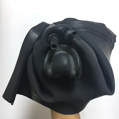 Men Black Latex Mask With Red Teeth Gag Nose Tube 1.0mm Thick Hood Back Zipper • $60