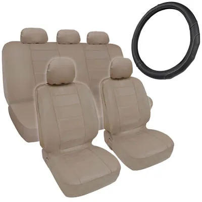 $59.90 • Buy Beige Tan Synth Leather Seat Covers For Car + Stitched Grip Steering Wheel Cover