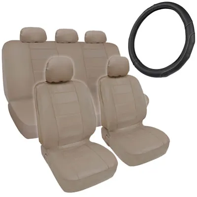 Beige Tan Synth Leather Seat Covers For Car + Stitched Grip Steering Wheel Cover • $59.90