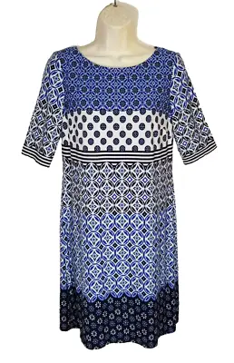 Eliza J Women Size 6 Shift Dress Blue Black White Geometric Half Sleeve Stretch • $34.99