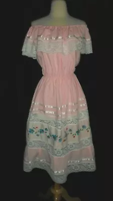 70s VINTAGE Bohemian Hippy OAXACAN Mexican Off Shoulder Wedding Dress Pink • $99.99