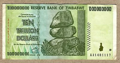 Zimbabwe 10 Trillion Dollars Banknote AA 2008 P88 VF Used Currency Bill • $43.56