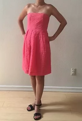 J. Crew Strapless Seersucker Cotton Dress In Coral Pink Fitted A-Line Size 0 • $17.99