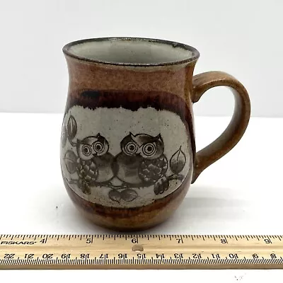 Vintage 2 Owls On A Branch Mug Brown Speckle Drip Glaze Stoneware Pottery • $10