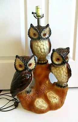 Chalkware Owl Table Lamp 3 Owl Large Heavy Cabin Rustic Vintage Studios 3066 • $104.29