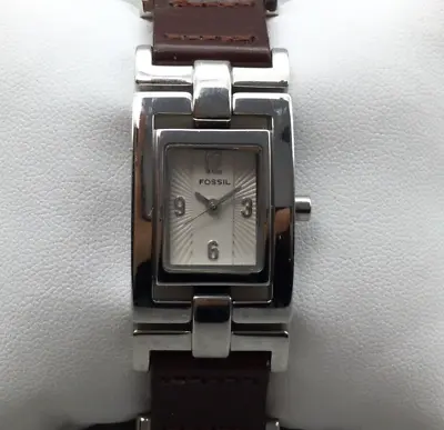 Fossil Watch Women Silver Tone Rectangle Leather Stainless Band New Battery 7  • $25.49