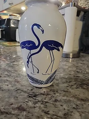 Vtg Anchor Hocking Milk Glass Vase W/blue Flamingo's 8 7/8 H Mid Century Modern! • $22