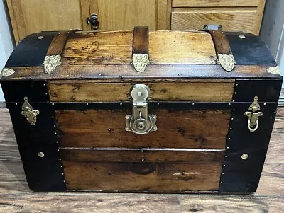 Antique WOOD STEAMER DOME TRUNK Chest W/Tray Refinished • $365