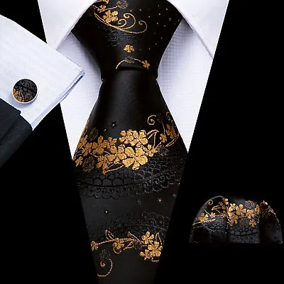 USA Mens Floral Silk Tie Black Gold Necktie Vintage Cufflinks Hanky Set Wedding • $12.99