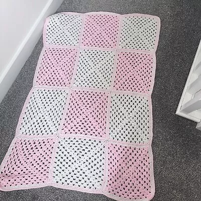 Baby Girl Hand Knitted Blanket White And Pink  • £0.99