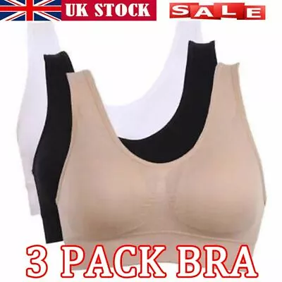 3 PACK Womens Ladies Sports Sleep Comfort Bras Full Cup Non-Wired Seamless Soft • £4.59