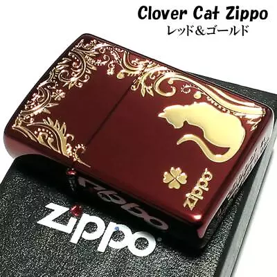 Zippo Oil Lighter Cat Clover Design Red Gold Etching Regular Case Japan • $179.52