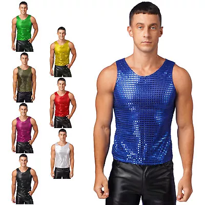 Men's Shiny Muscle Tops Slim Fit Vest Sequin Sparkle Disco Nightclub Tank Tops • $9.64