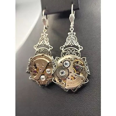 Silver Steampunk Dangle Earrings Watch Movement Gear With Jewels • $45