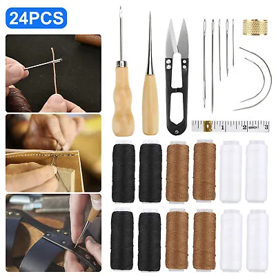 24Pcs Leather Waxed Sewing Kit Thread Stitching Needles Awl Hand Tools DIY Craft • $10.98