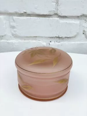 Vintage Pink Frosted Glass With Gold Powder Jar Vanity Makeup Trinket Jewelry • $26