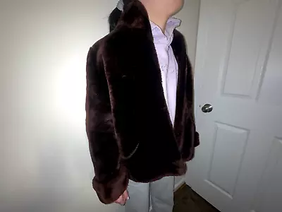 Vintage - Mouton Fur Jacket Coat - Brown - Open Front • $250