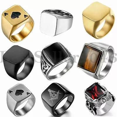 Mens Punk Silver Gold Plated Stainless Steel Square Signet Ring Wedding Band • $10.99