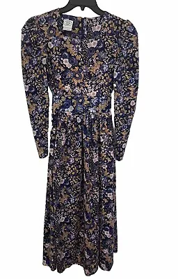 Vintage Laura Ashley Dress Sz 4 Blue Corduroy Floral Maxi Cottagecore Fairy 80s • $59