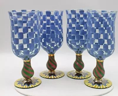 Mackenzie Childs Glassware Crystal Circus Water Goblet Blue Check Set/4 • $195