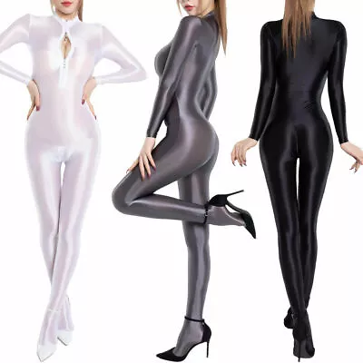 £18.86 • Buy Womens Shiny Glossy Satin Footed Jumpsuit Wetlook Catsuit Zipper Crotch Bodysuit