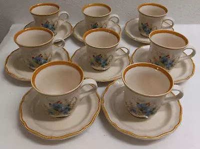 8 Coffee Mug Cups & Saucers Mikasa Garden Club Day Dreams EC 461 Blue Flowers • $32.95