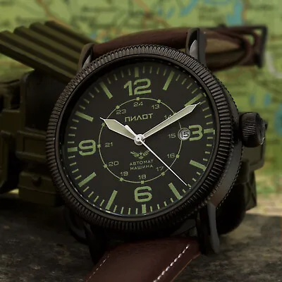Aviator Watch Automatic B-Watch Pilot Military Analog Watch 43mm Modern Ip-Black • $363.41
