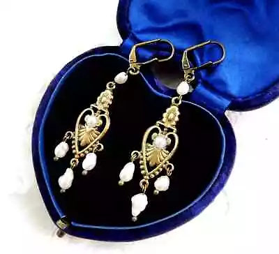 Beautiful Edwardian Inspired Fresh Water Pearl Bronze Drop Earrings • £14