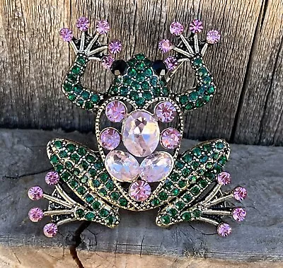 Vintage Green Pink Frog Toad Crystal Glass Rhinestone Brooch Pin Fashion Heart • $10.89