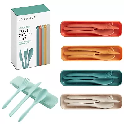 Pack Of 5 Travel Cutlery Set Fork Knife & Spoon With Case In 5 Colours • £8.99